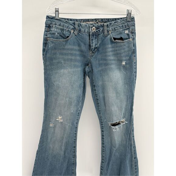 American Eagle Jeans Real‎ Flare Distressed Women Size 6 Blue Mid Rise - Picture 3 of 10